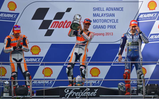 Il podio del GP di Malesia: 1. Pedrosa, 2. Marquez, 3. Lorenzo